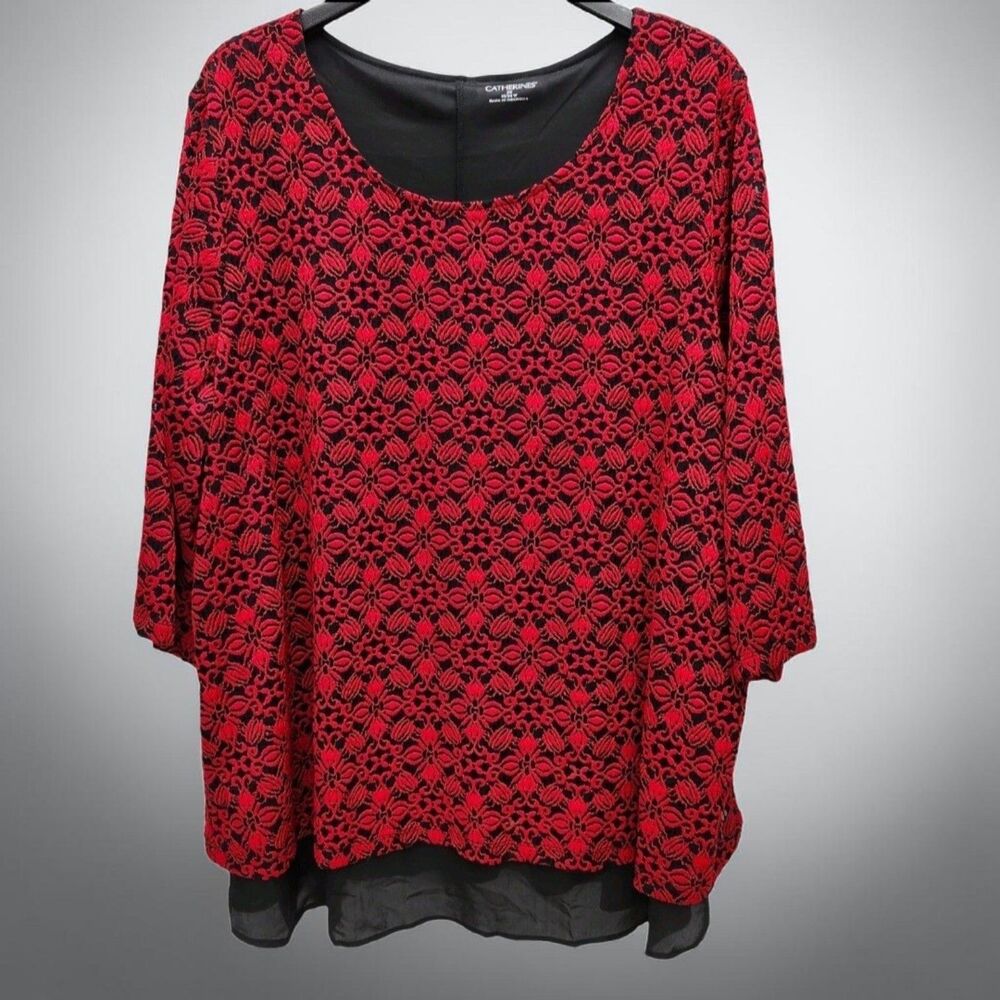 Catherines Lace Overlay Tunic Womens 2X Red Floral Lined 3/4 Sleeves Modern Boho